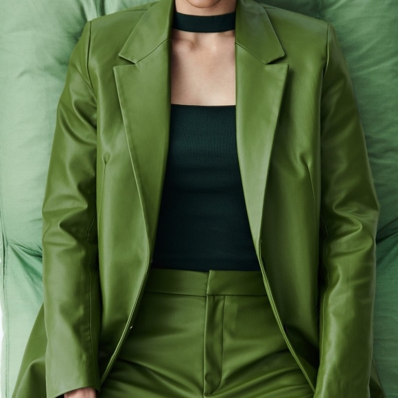 ZARA 2pcs Faux Leather Blazer + Full Length Faux Leather Pants Green BNWT - Picture 3 of 8